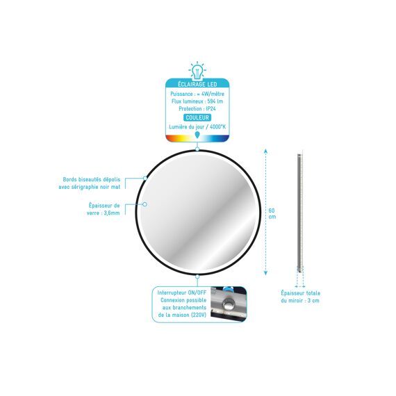 Aurlane Start Spiegel Led Zwart Rond 60Cm
