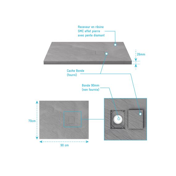 Aurlane Stone 2 Douchebak Grijs 70X90Cm Excl Afvoer