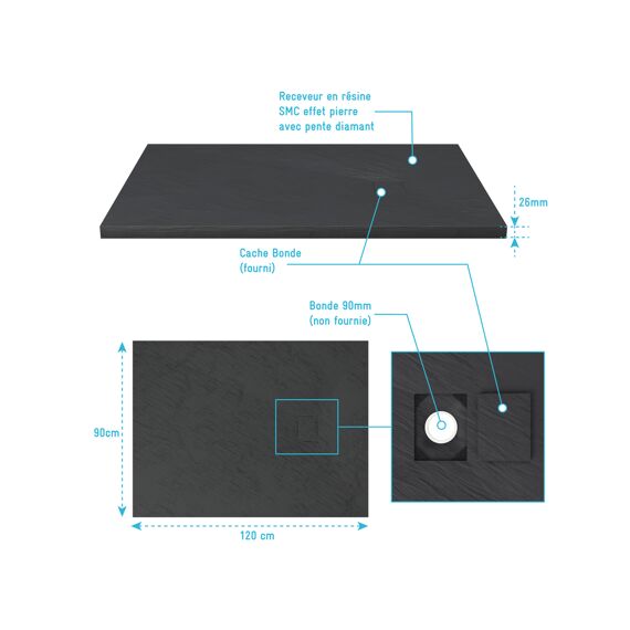 Aurlane Stone 2 Douchebak Zwart 90X120Cm Excl Afvoer