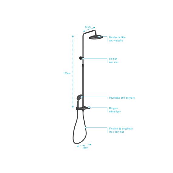 Aurlane Arty Douchekolom Zwart Mat Mechanisch 133X28X52Cm