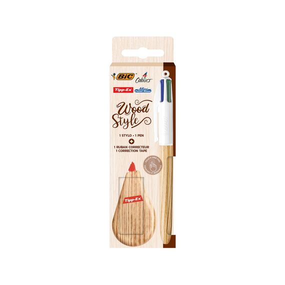 Bic 4 Kleuren Balpen En Mini Tipp-Ex Wood