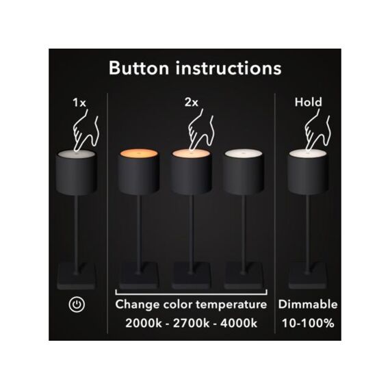 Rech. Tafellamp Zwart 175Lm 2000-4000K Ip54 Dimm.