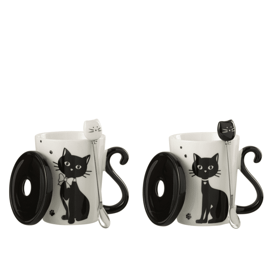J-Line Mokken Set Kat + Deksel + Lepeltje 2St Assortiment Prijs Per Stuk
