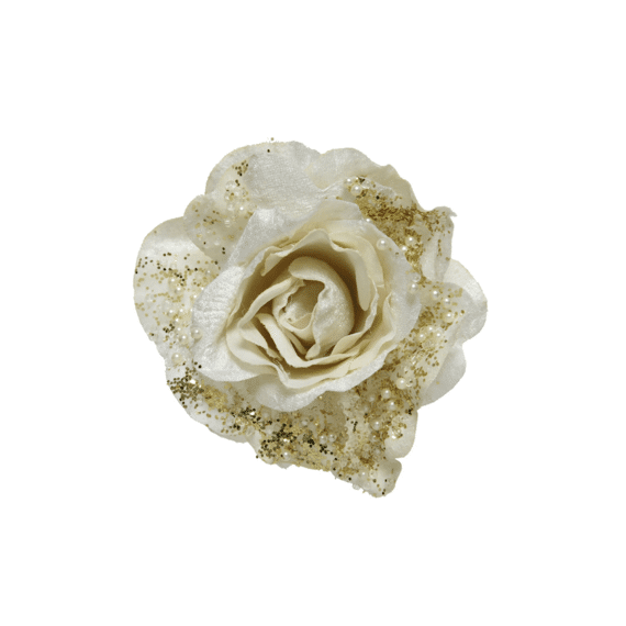 Roos Rose Op Clip Polyester Pearls- Glitters Dia13.00-H6.00Cm Wit