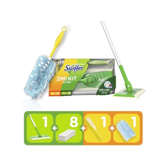 Swiffer Kit 2-In-1 Dry Starterkit Met 8 Doekjes + Duster Starterkit + 1 Duster