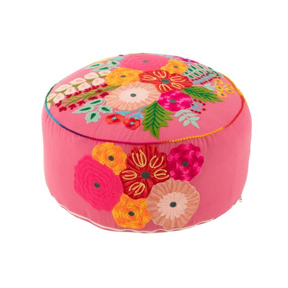 Poef Rond - Bloem Gebreid Katoenen/Polyester - Roze - 50X50X10Cm