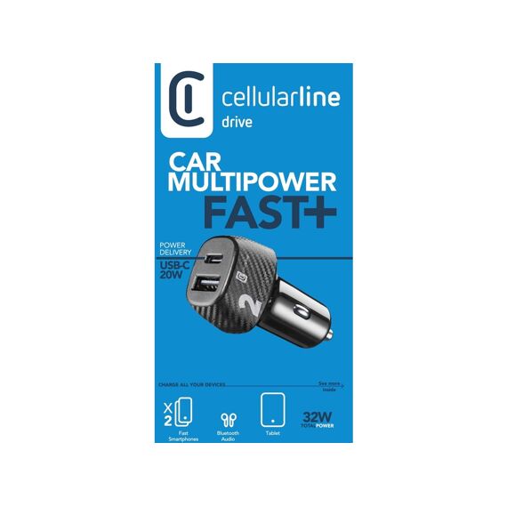 Cellularline Autolader Multipower 2 Fast+ 32W Usb-C Naar Usb-A Zwart