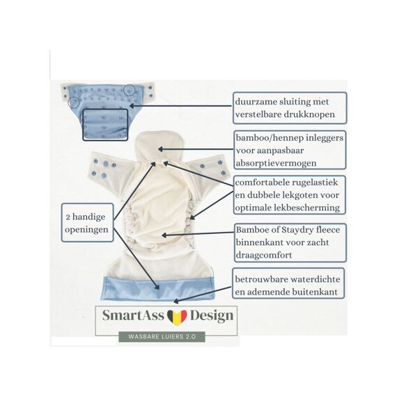 Smartass Diapers Wasbare Luier 1-Delig  Bamboe/Pebbles And Stones Grijs