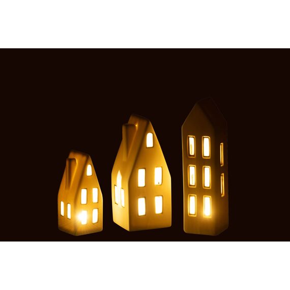 Huizen Led Porselein Wit/Goud 5.5X5.5X20.5Cm Set/3