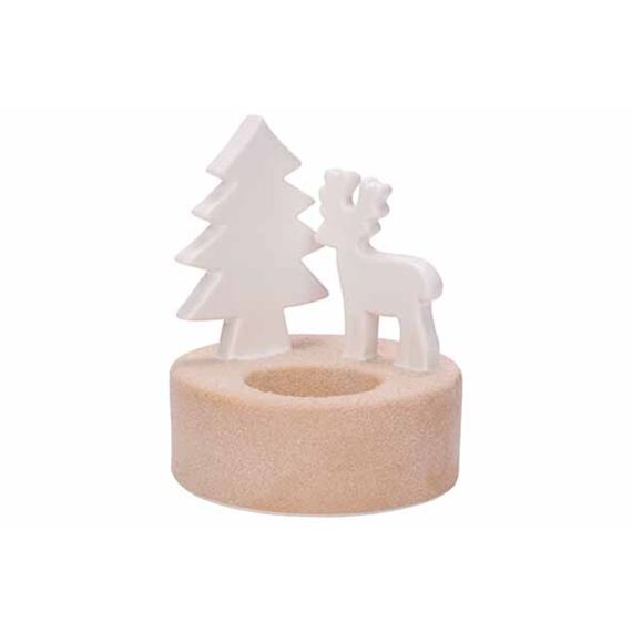 Cosy & Trendy Theelichthouder Tree And Deer Wit 10X10Xh12Cm Rond Keramiek