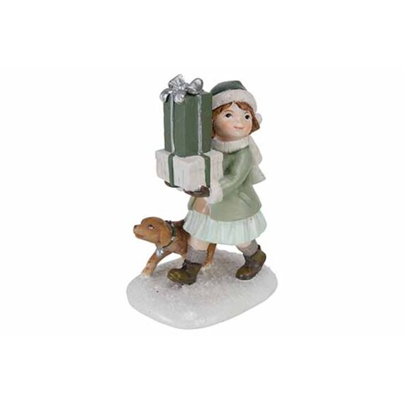 Cosy & Trendy Ornament Girl Dog And Gifts Groen 10.1X7.8Xh14.2Cm Polyresin