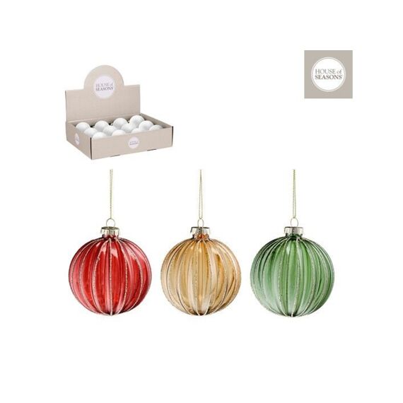 House of Seasons Bal Glas Streep Rood Groen Goud D8Cm Assortiment Prijs Per Stuk