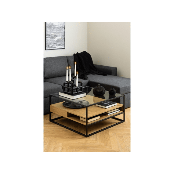 Randolf Salontafel Vierkant Glazen Blad 2 Planken Mat Zwart Stalen Frame 80X80X40Cm