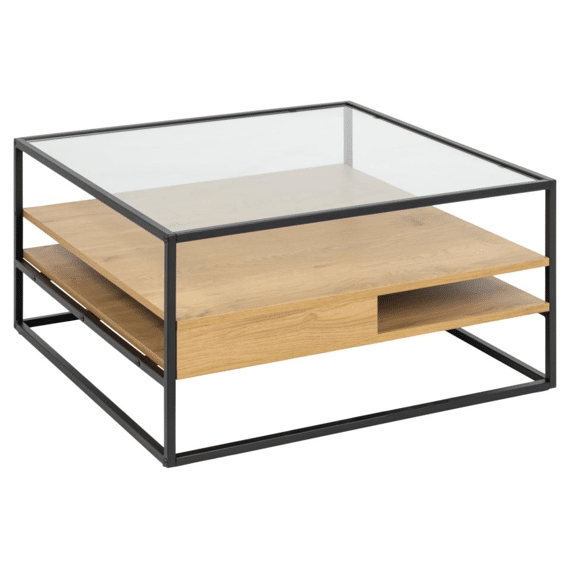 Randolf Salontafel Vierkant Glazen Blad 2 Planken Mat Zwart Stalen Frame 80X80X40Cm