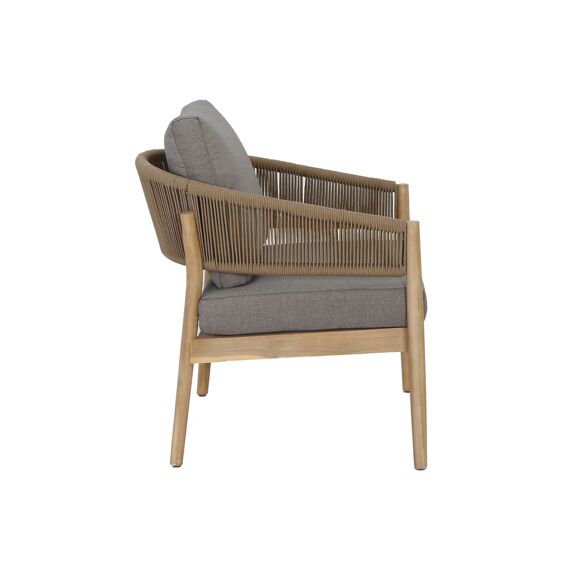 Loivre Lounge Stoel Staal Taupe/Rope Naturel Bruin/Acacia Licht Teak Look/ Kussen Steen Bruin